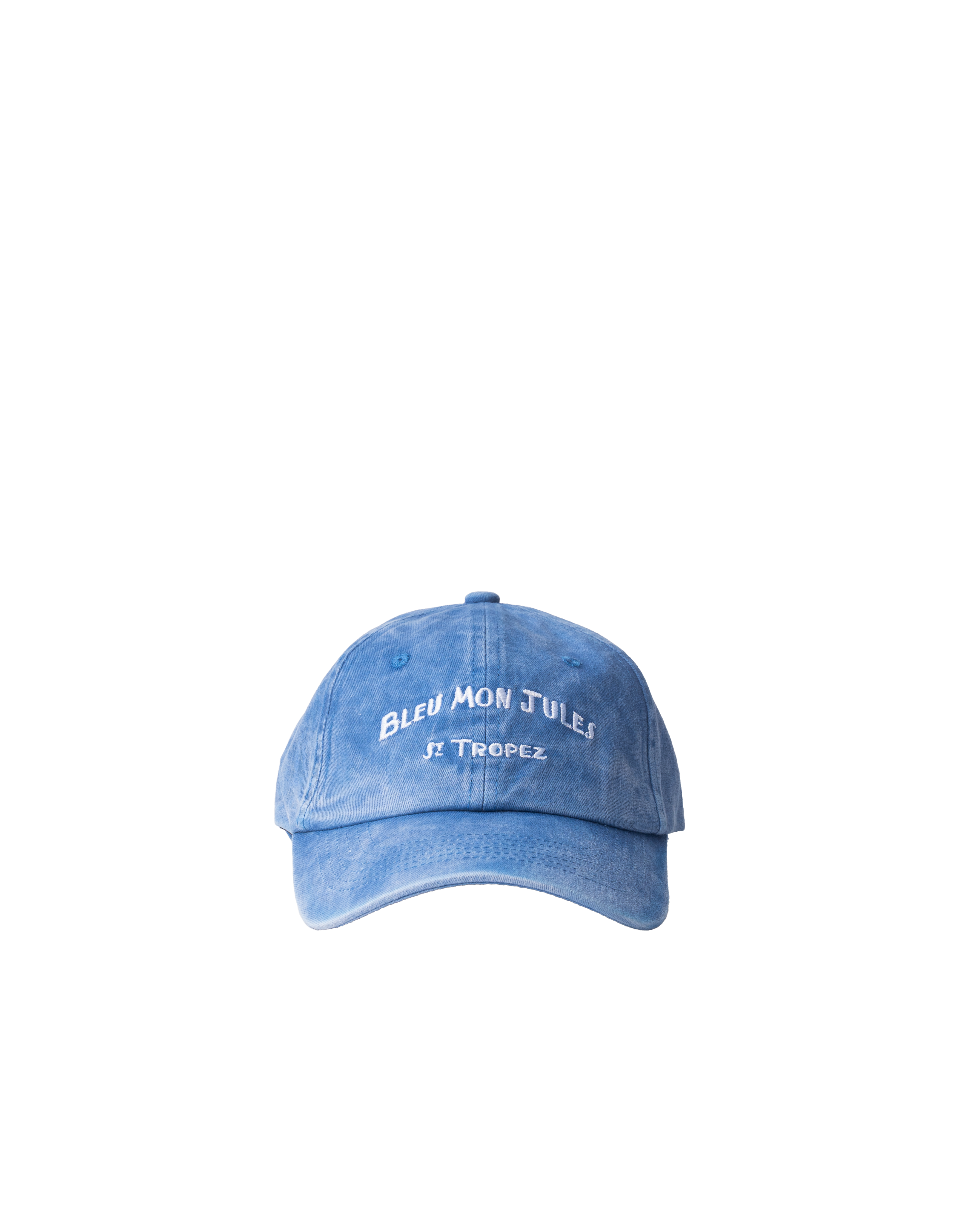 Casquette bleue délavée Bleu mon Jules – vue de face Casquette en coton bleu ciel effet délavé, broderie blanche “Bleu mon Jules”, esprit bord de mer et soleil du Sud.