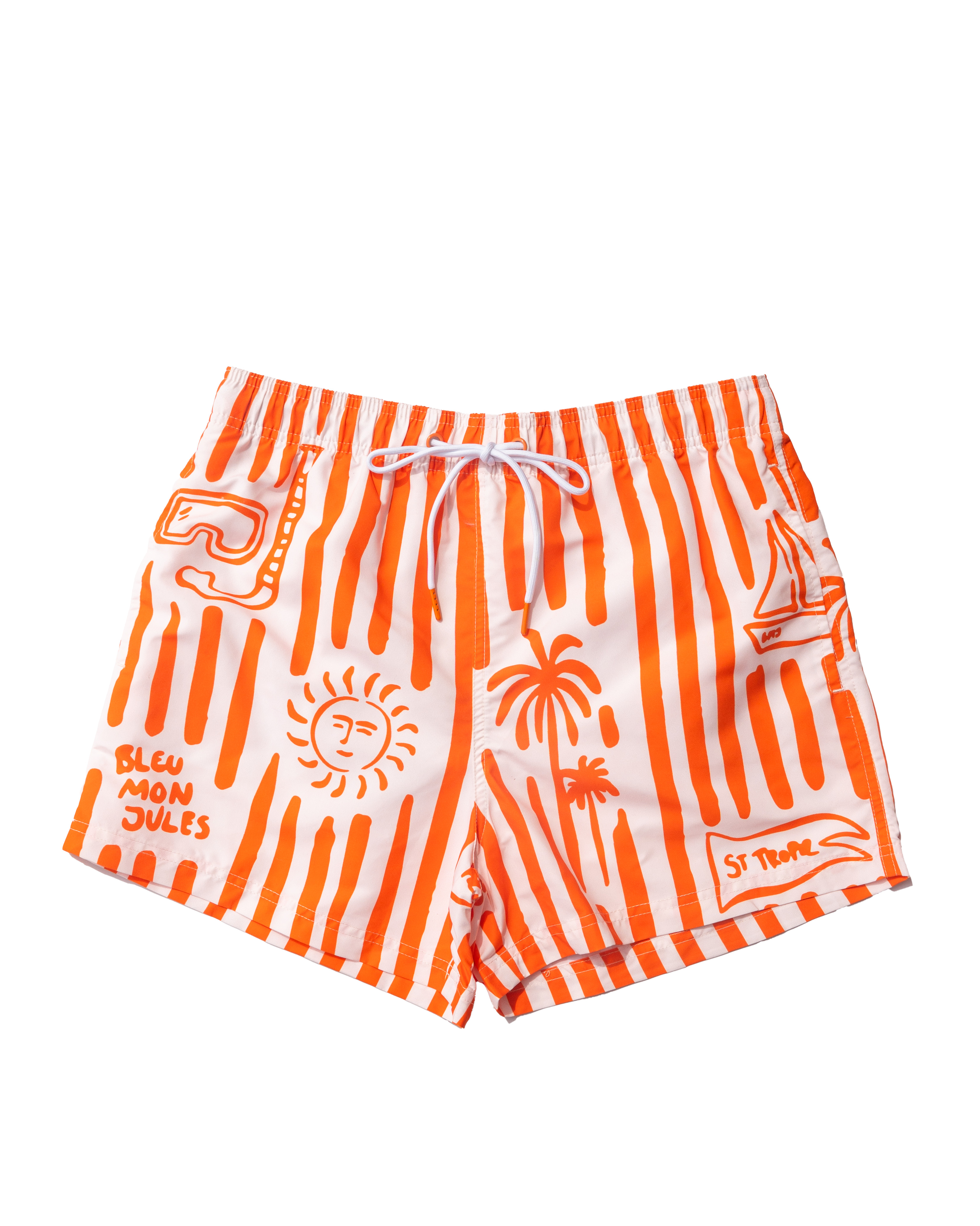 Maillot de bain à rayures orange et blanches – vue de face Short de bain rayé orange et blanc, orné de broderies marines, esprit estival et Riviera française.