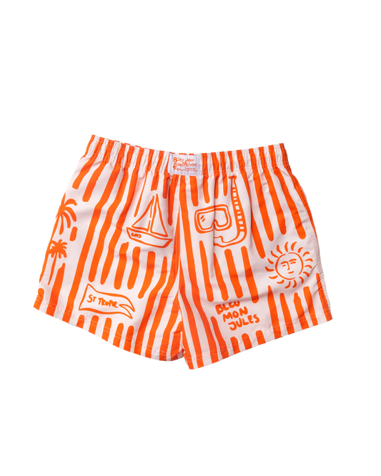 Maillot de bain à rayures orange et blanches – vue de dos Vue arrière du short de bain rayé, coupe courte et légère, parfait pour les journées au soleil et les bains de mer.
