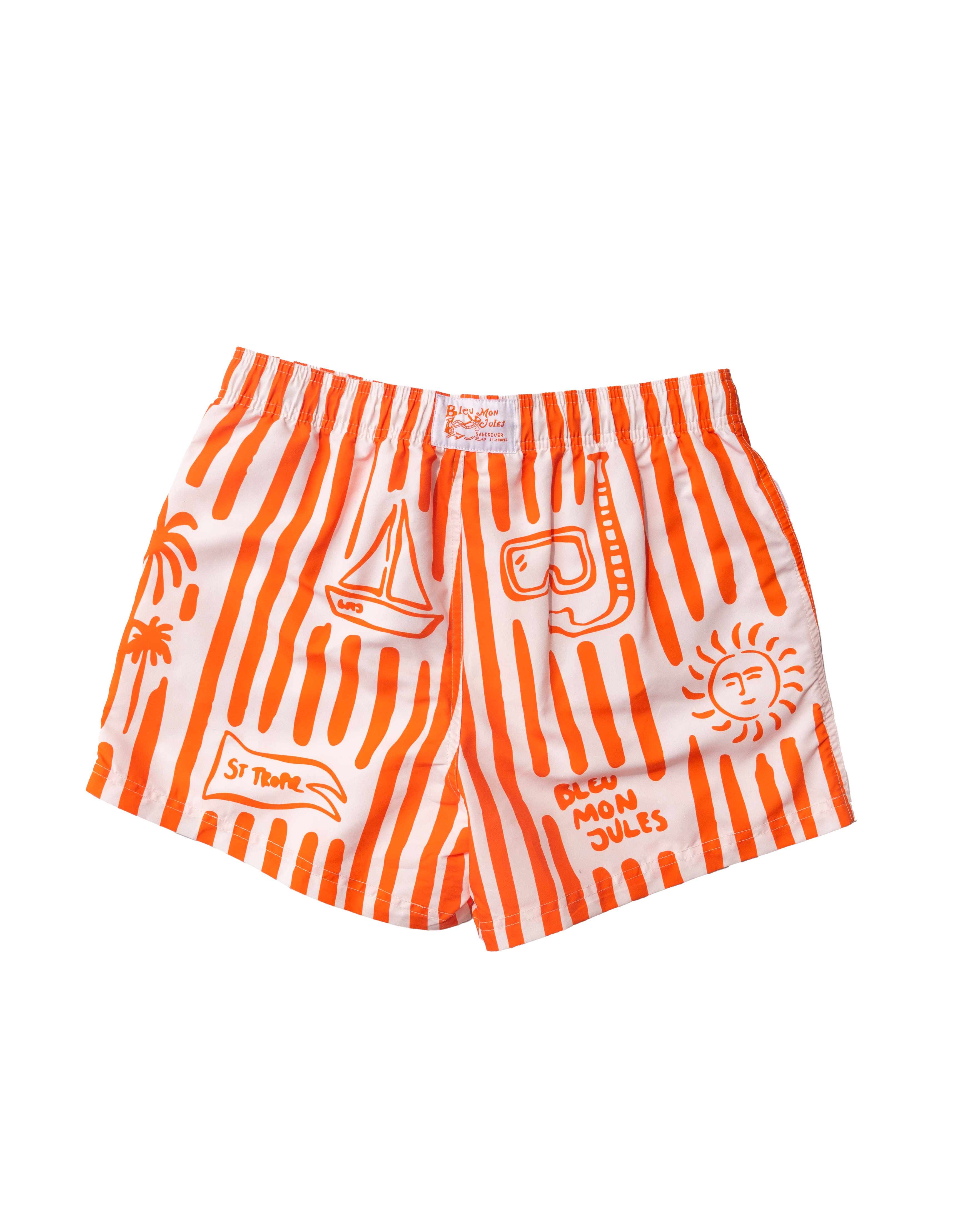 Maillot de bain à rayures orange et blanches – vue de dos Vue arrière du short de bain rayé, coupe courte et légère, parfait pour les journées au soleil et les bains de mer.