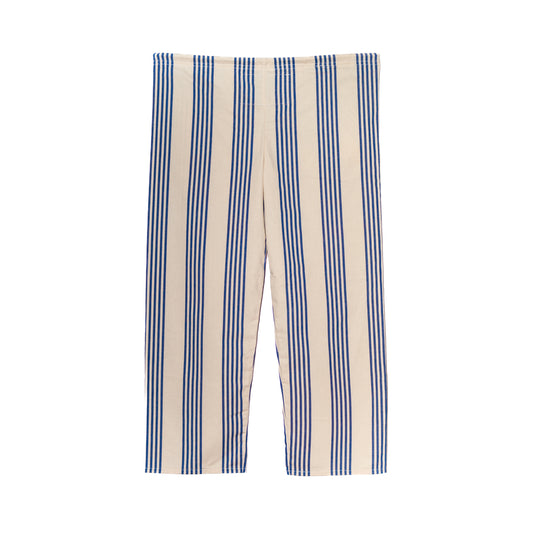 Pantalon rayé bleu et beige vu de dos – Vue arrière du pantalon rayé bleu et beige, avec poche brodée.