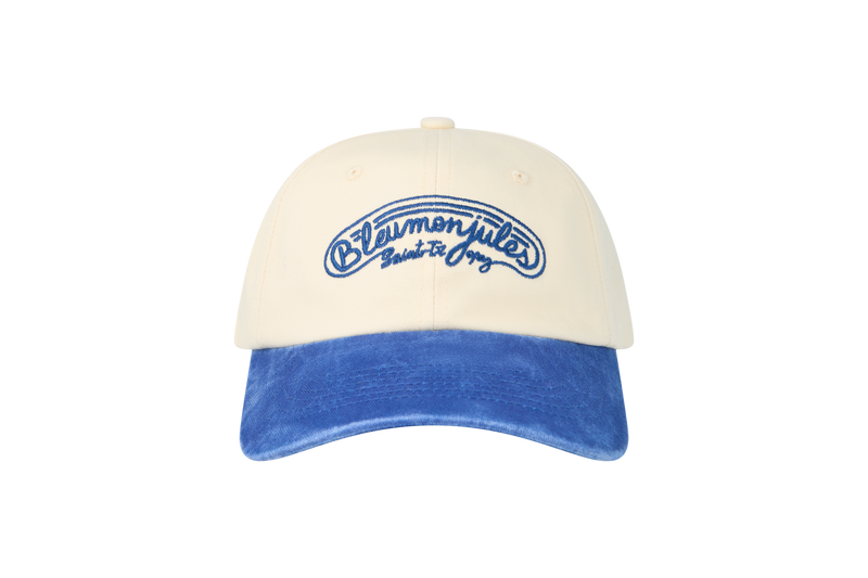 Casquette bicolore écru et bleu marine Bleu mon Jules, broderie script cursif Saint-Tropez, vue de face