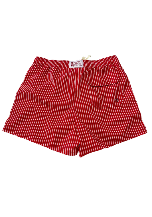 Dos maillot de bain Bleu mon Jules Soleil Rouge rayé rouge et blanc, poche arrière à rabat et étiquette tissée St-Tropez
