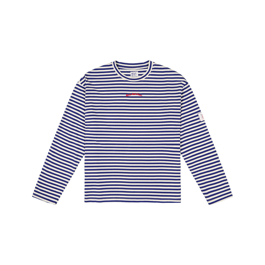 Marinière Bleu mon Jules manches longues, rayures bleu marine et écru, broderie rouge "Bleu Mon Jules" côté cœur, vue de face