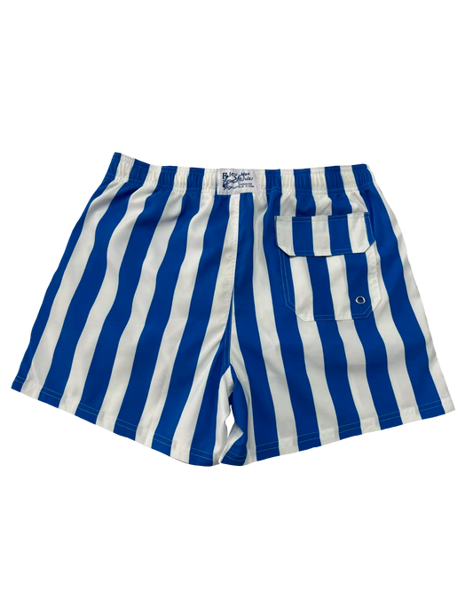 Dos short de bain Bleu mon Jules à rayures bleu et blanc, poche arrière à rabat et étiquette tissée Saint-Tropez