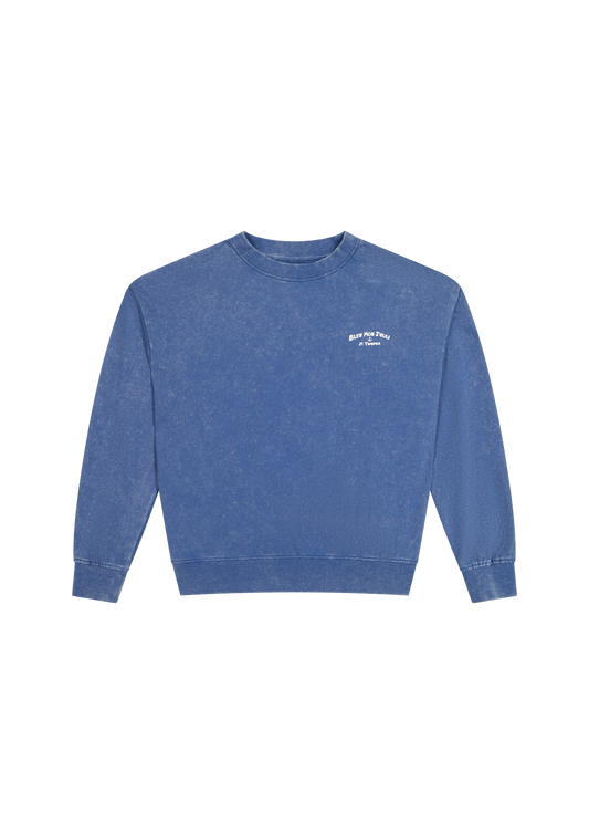 Sweat bleu délavé Bleu mon Jules, signature "Bleu Mon Jules · St Tropez" et ancre côté cœur, vue de face
