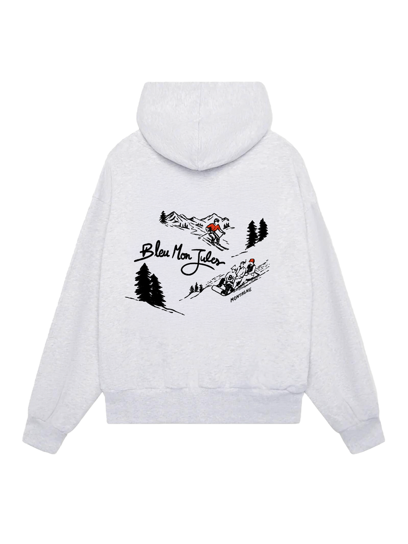 Sweat à capuche gris « Too Schuss » Bleu mon Jules, vue dos, illustration Mont Ventoux et paysage enneigé, collection hiver 2025-2026.