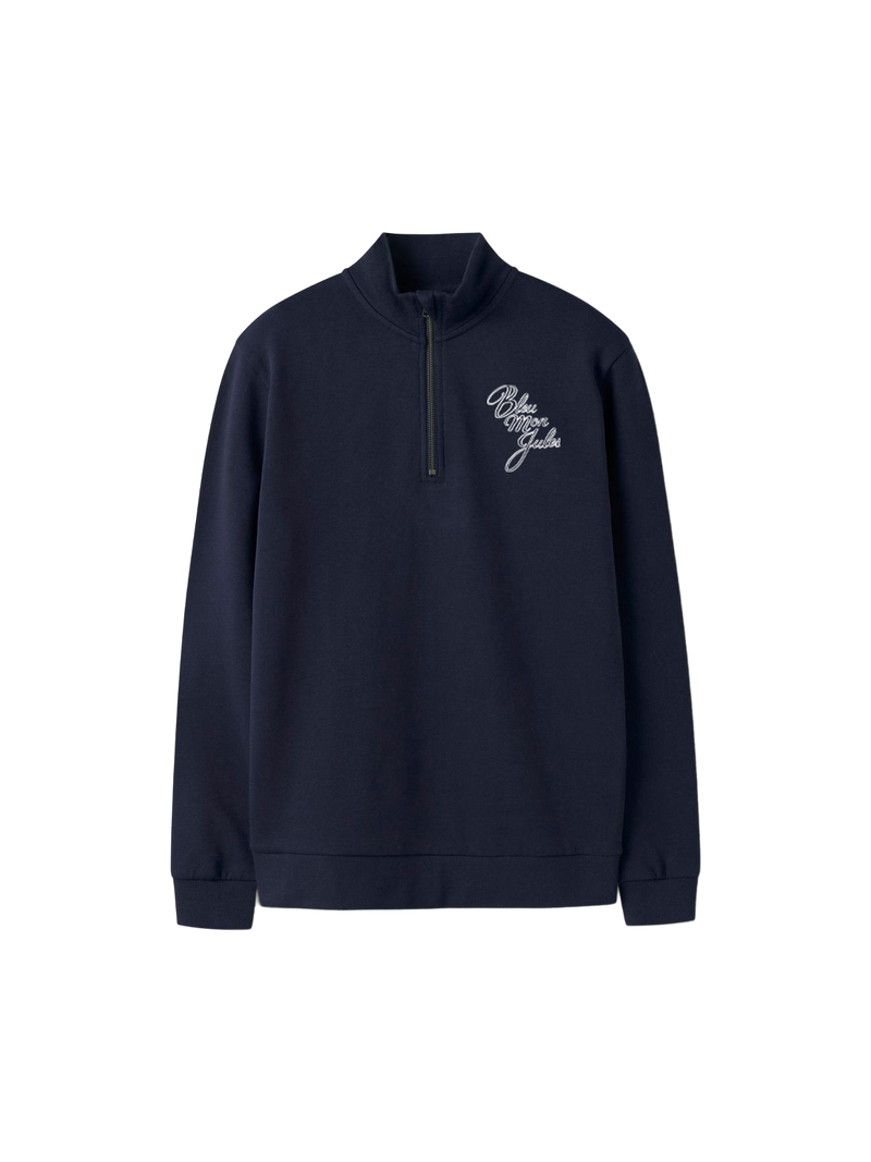 Sweat col montant bleu marine Ventoux Bleu mon Jules, vue face, broderie logo côté cœur, zip métal recyclé.