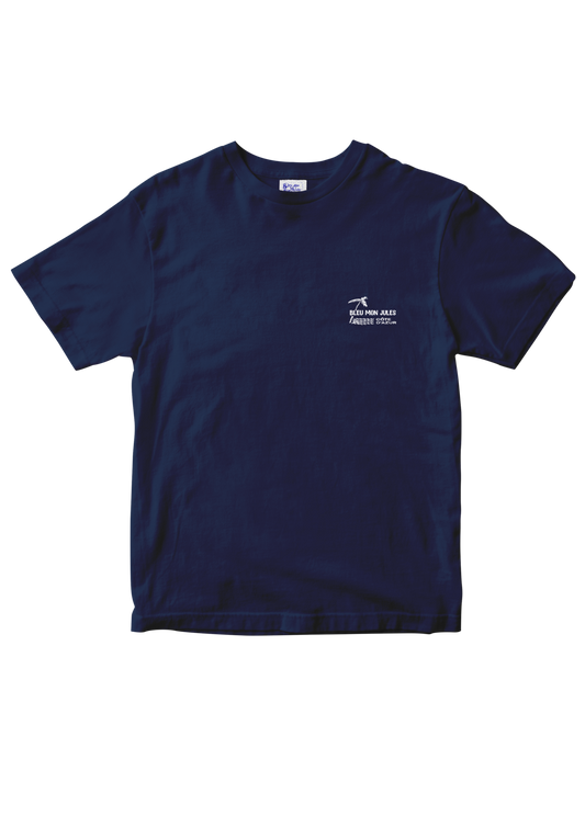 T-shirt bleu marine Bleu mon Jules, palmier et signature "Bleu Mon Jules · Côte d'Azur" côté cœur, vue de face