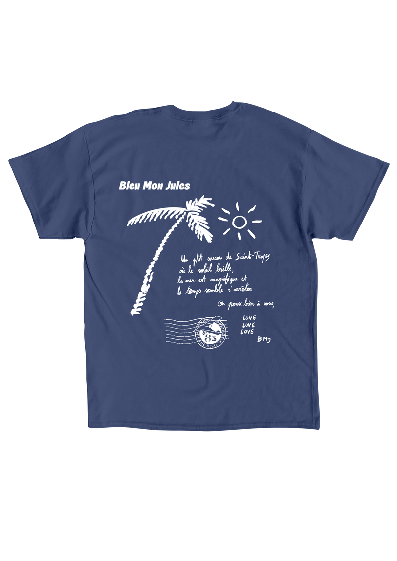 T-shirt bleu marine Bleu mon Jules motif carte postale Saint-Tropez, vue de face