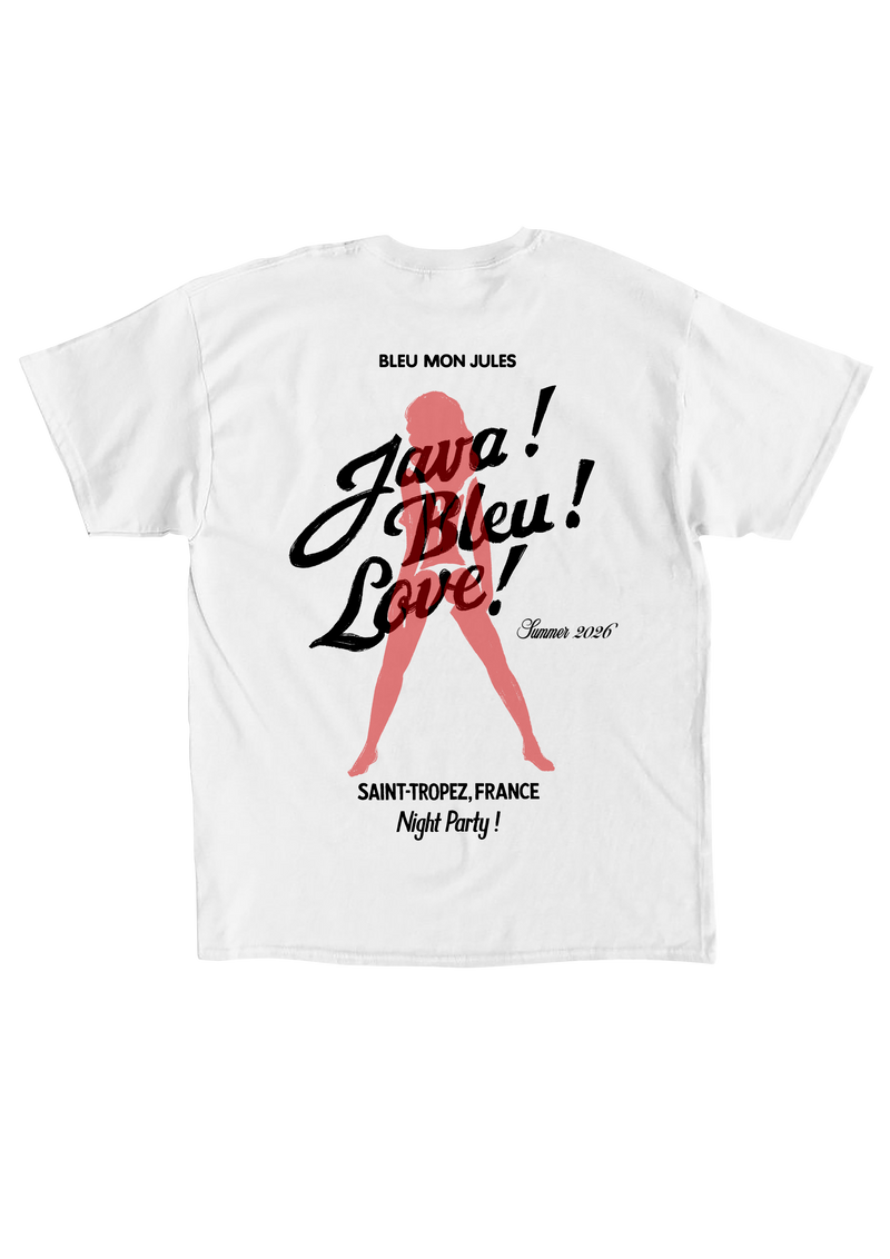 Dos t-shirt blanc Bleu mon Jules, inscription Java Bleu Love Summer 2026, silhouette rose, Saint-Tropez Night Party