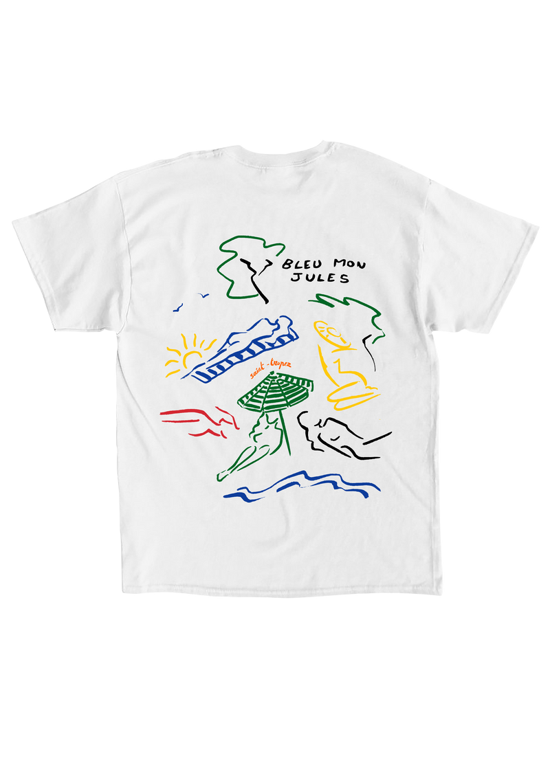 Dos t-shirt blanc Bleu mon Jules, illustration plage Saint-Tropez multicolore inspirée de Miró