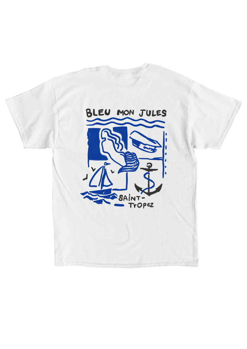 Dos t-shirt blanc Bleu mon Jules, illustration graphique marine : silhouette, voilier, ancre, Saint-Tropez