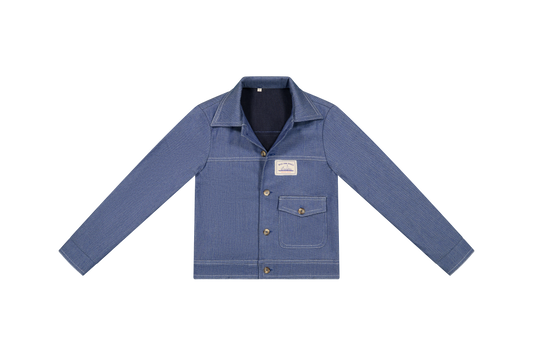 Veste denim retourné bleu, étiquette vintage Bleu mon Jules sur poche plaquée, vue de face