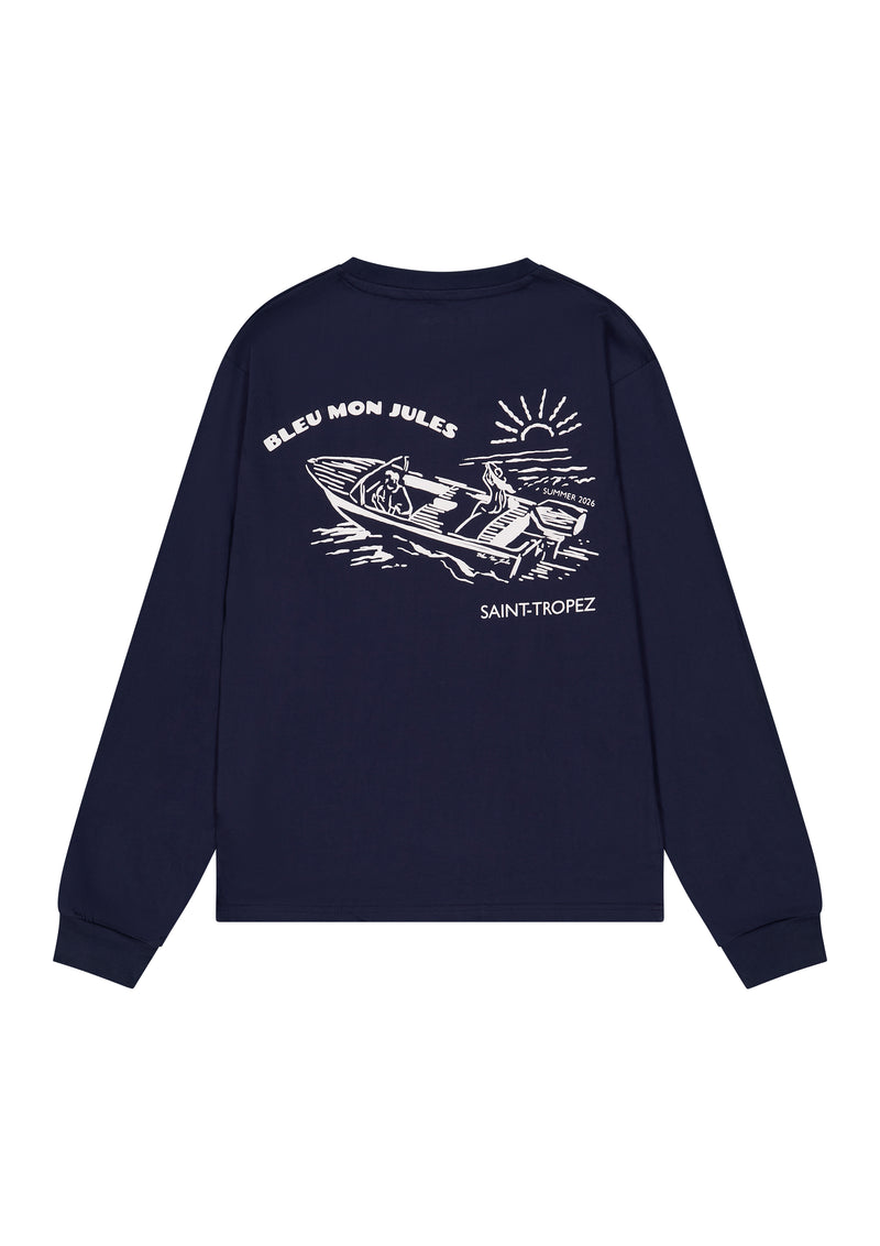 Sweat-shirt bleu marine Bleu mon Jules avec illustration ski nautique Saint-Tropez, coton unisexe été