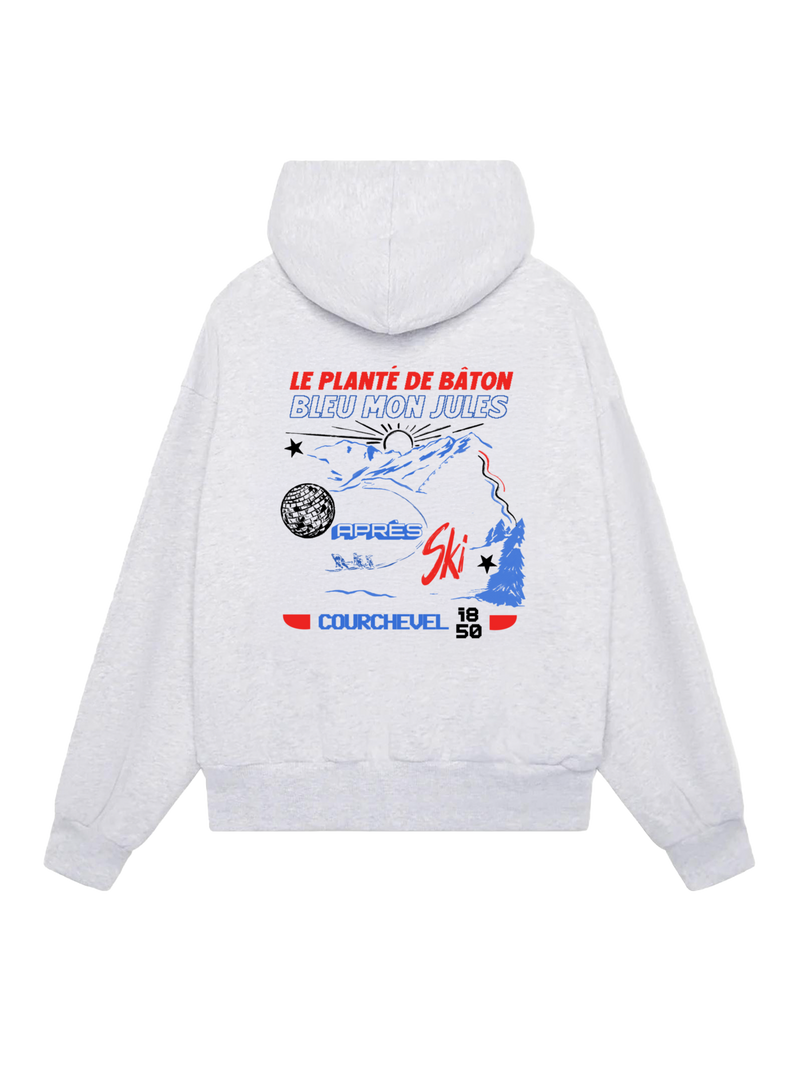 Sweat à capuche gris Bleu Mon Jules x Le Planté de Bâton Courchevel édition limitée, illustration Après Ski montagne et typographie rétro au dos