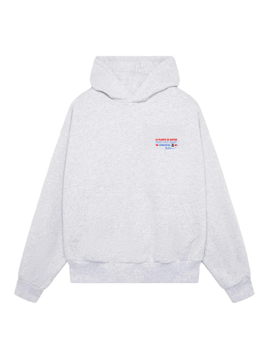 Sweat à capuche gris Bleu Mon Jules x Le Planté de Bâton Courchevel avec logo poitrine minimaliste, édition limitée 25 pièces