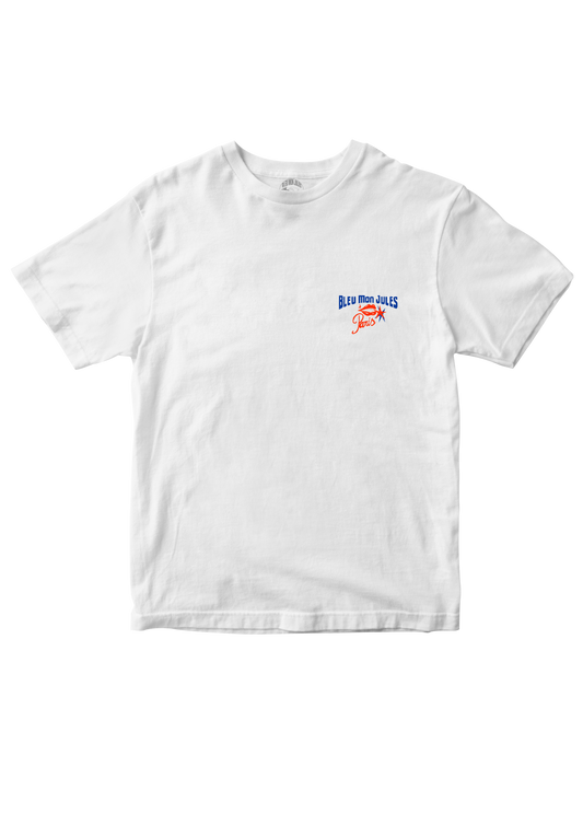 Face du T-shirt Paris d’été Bleu mon Jules blanc avec logo poitrine bleu et rouge