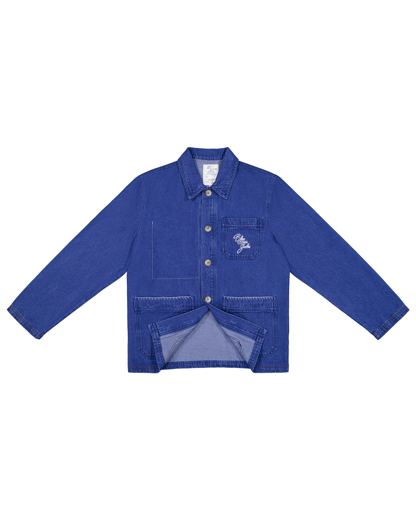 Veste en denim bleu indigo avec poches plaquées, col chemise et boutons apparents, coupe oversize décontractée