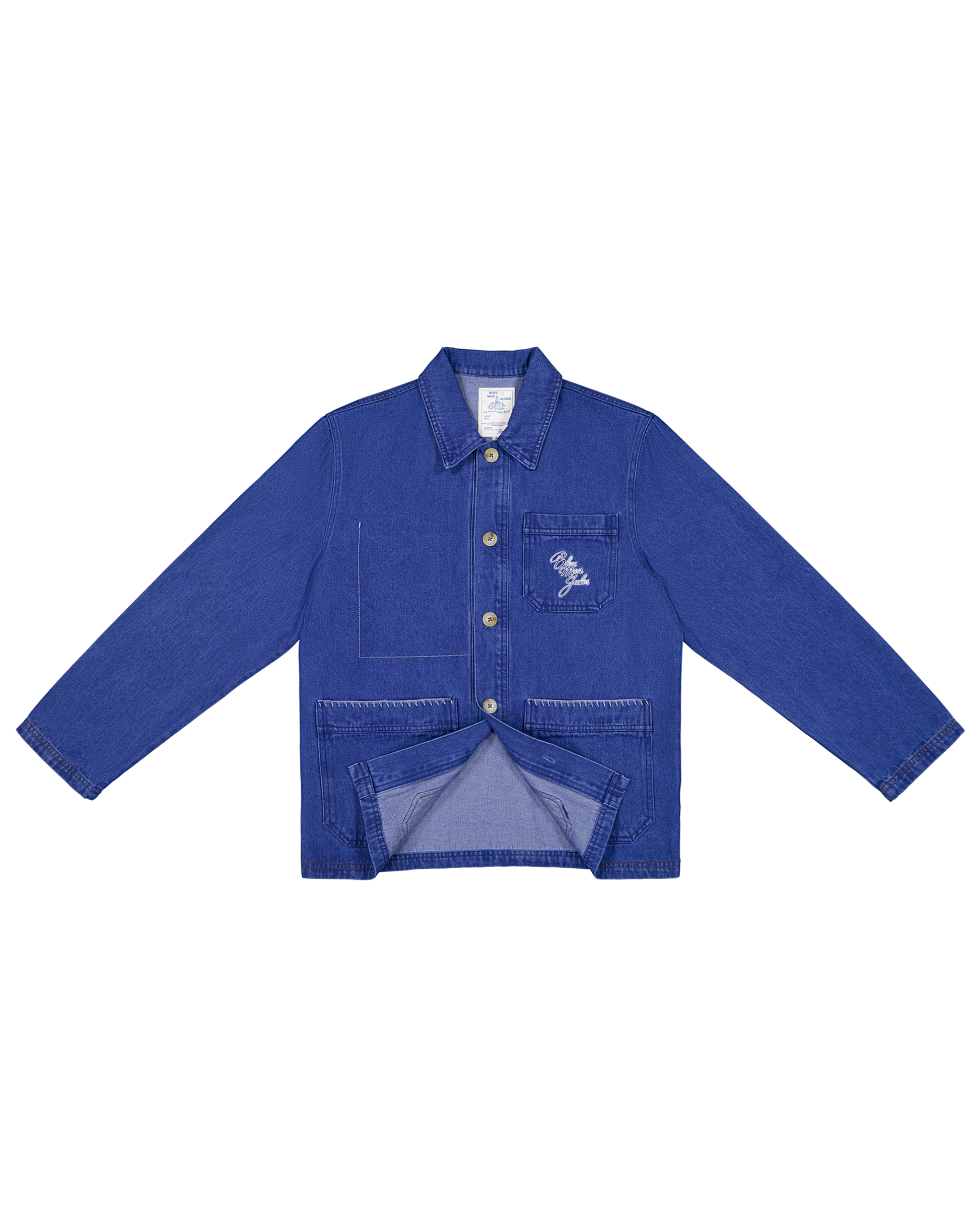 Veste en denim bleu indigo avec poches plaquées, col chemise et boutons apparents, coupe oversize décontractée