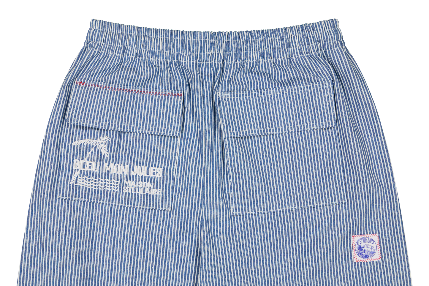 Pantalon Le Rayé 2026 en toile coton rayée bleu et blanc, fabriqué à la main en France par Maison Stellaire