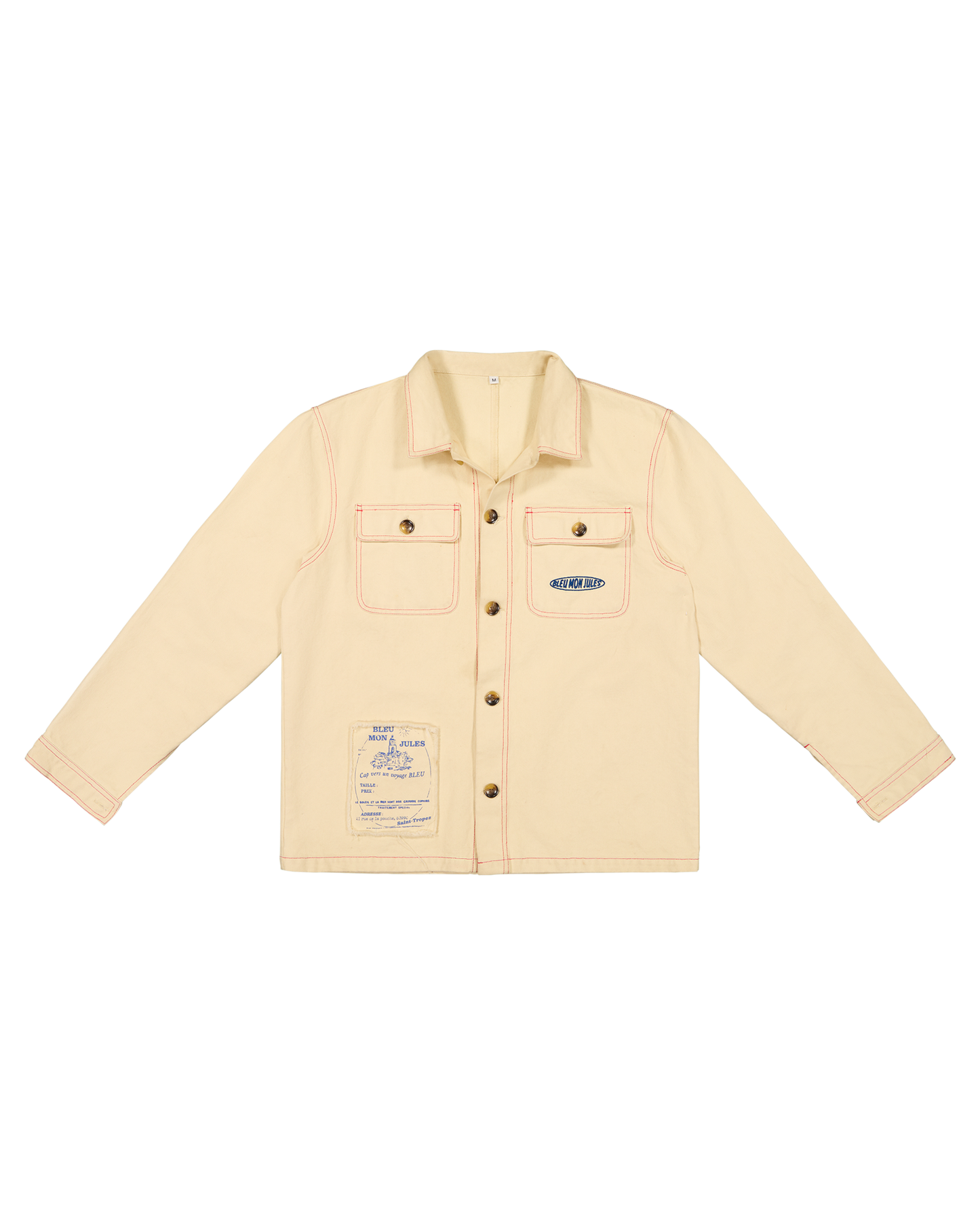 Veste chemise beige coton avec poches plaquées, coutures contrastantes et patch logo bleu, coupe décontractée et intemporelle