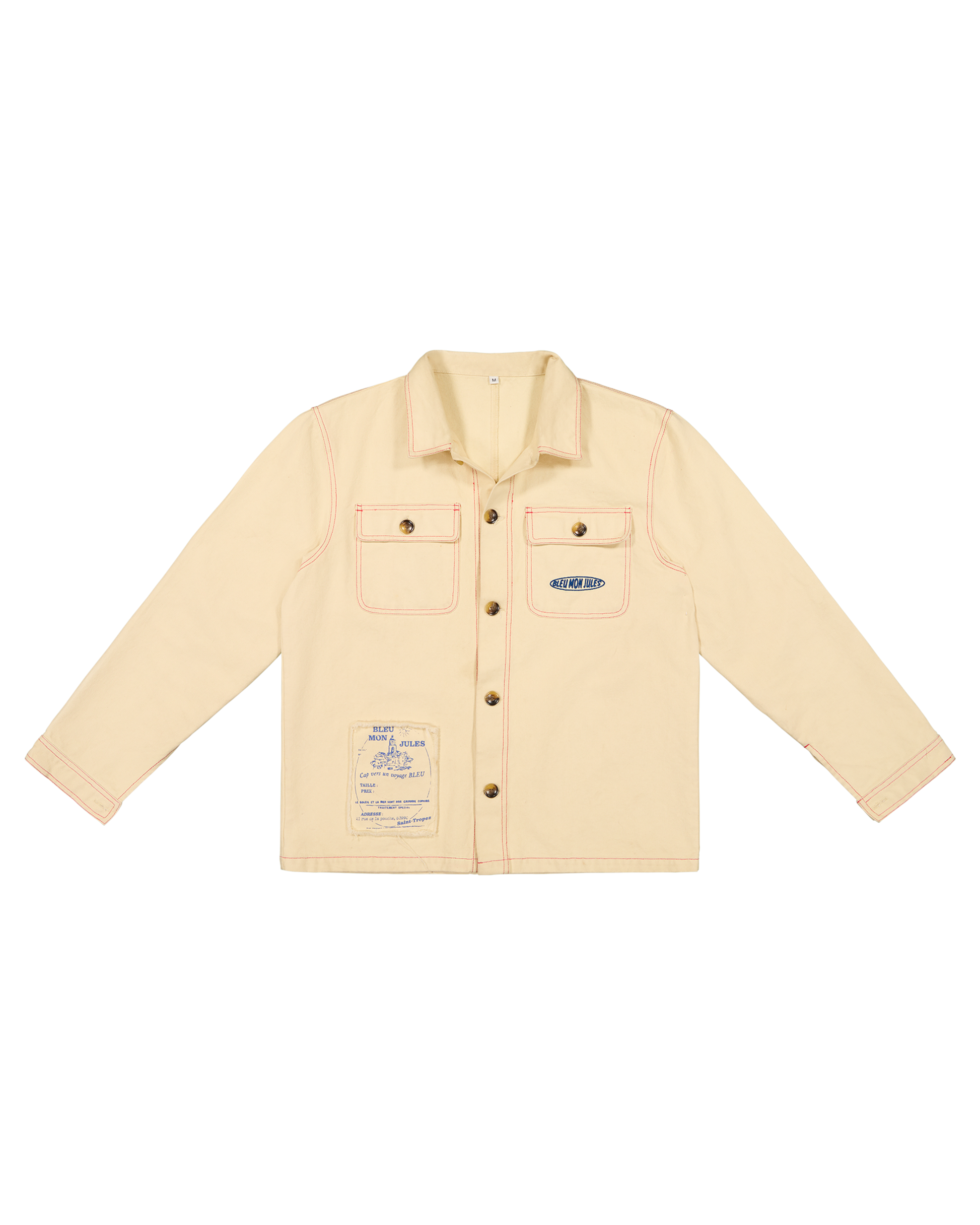 Veste chemise beige coton avec poches plaquées, coutures contrastantes et patch logo bleu, coupe décontractée et intemporelle