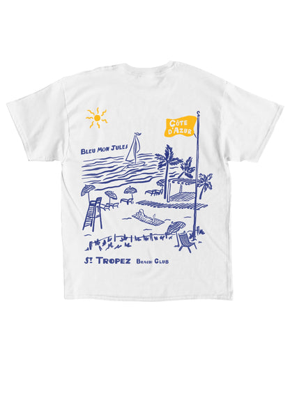 T-shirt blanc en coton avec illustration Côte d’Azur et plage de Saint-Tropez, motif parasols et voilier dos