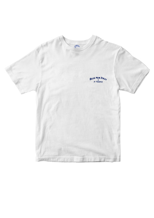 T-shirt blanc en coton avec illustration Côte d’Azur et plage de Saint-Tropez, motif parasols et voilier