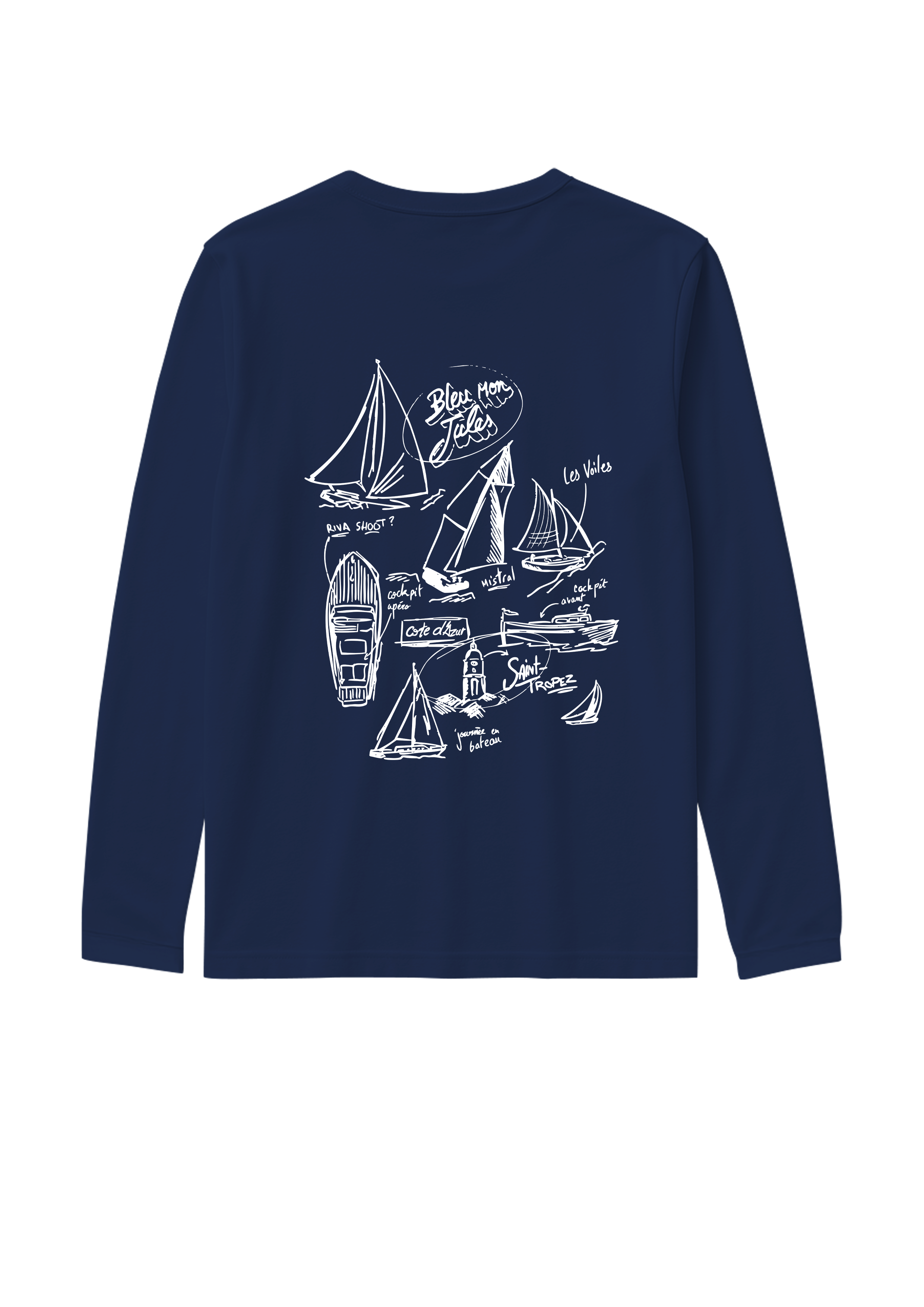 T-shirt manches longues Croquis de bateaux - Bleu marine et traits blancs