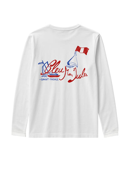 T-shirt blanc à manches longues motif Bouée – T-shirt en coton blanc avec imprimé rouge et bleu “Bouée Saint-Tropez”, esprit marin et estival.