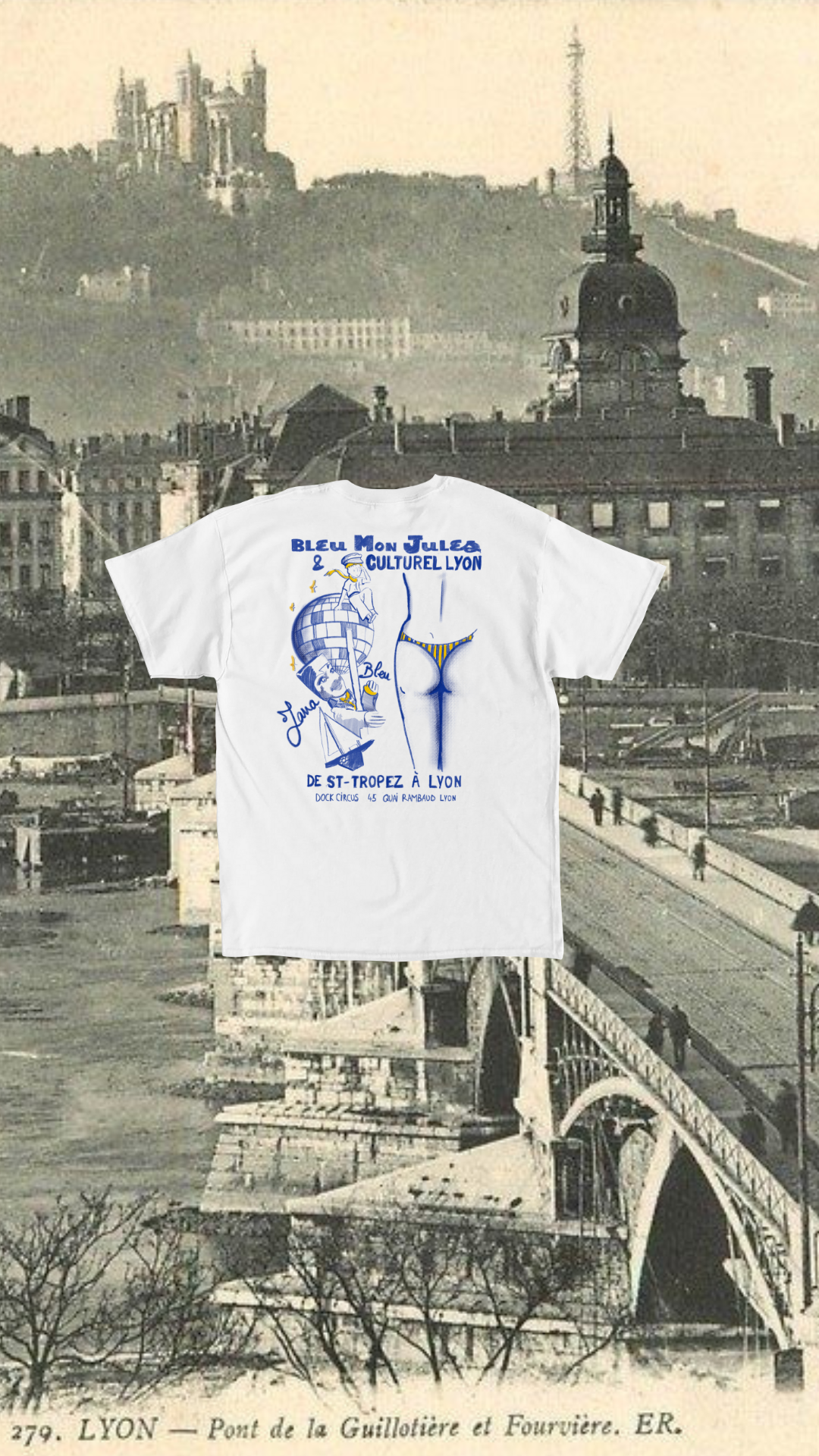 T-shirt blanc Culturel Lyon avec en fond une photo de Lyon