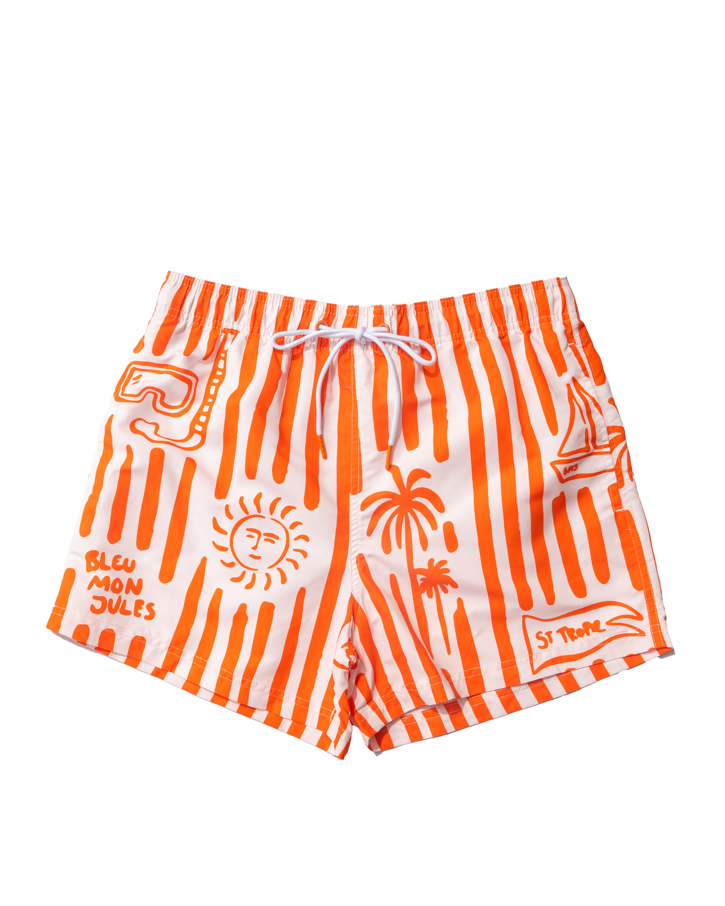 Maillot de bain à rayures orange et blanches – vue de face Short de bain rayé orange et blanc, orné de broderies marines, esprit estival et Riviera française.