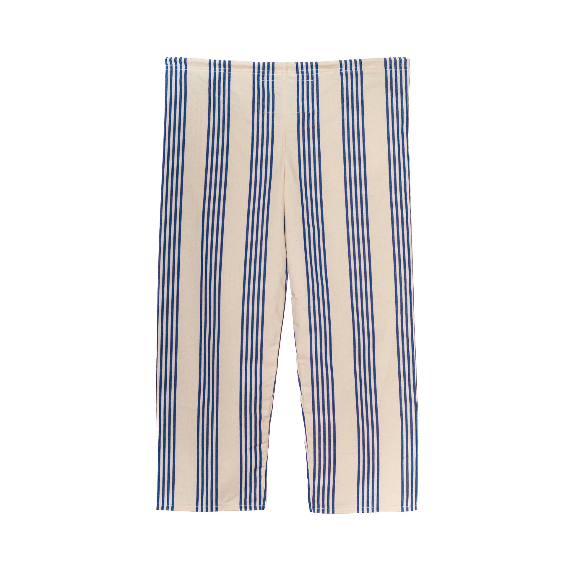 Pantalon rayé bleu et beige vu de dos – Vue arrière du pantalon rayé bleu et beige, avec poche brodée.