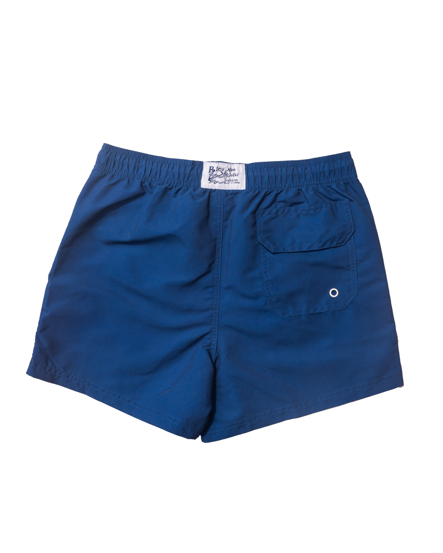Vue arrière du maillot de bain bleu Maillot de bain bleu uni, coupe courte et élégante, parfait pour les journées au bord de la mer.
