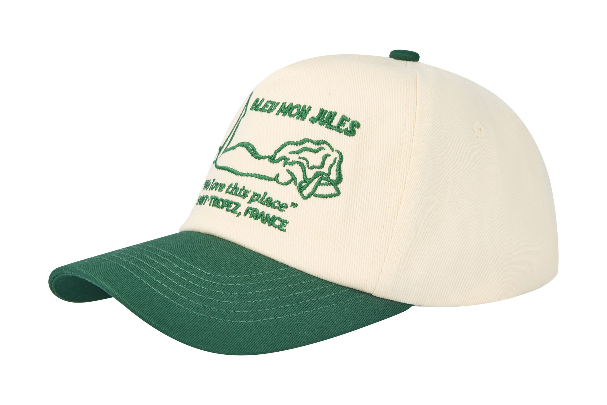 Profil casquette baseball écru et vert Bleu mon Jules, visière courbée