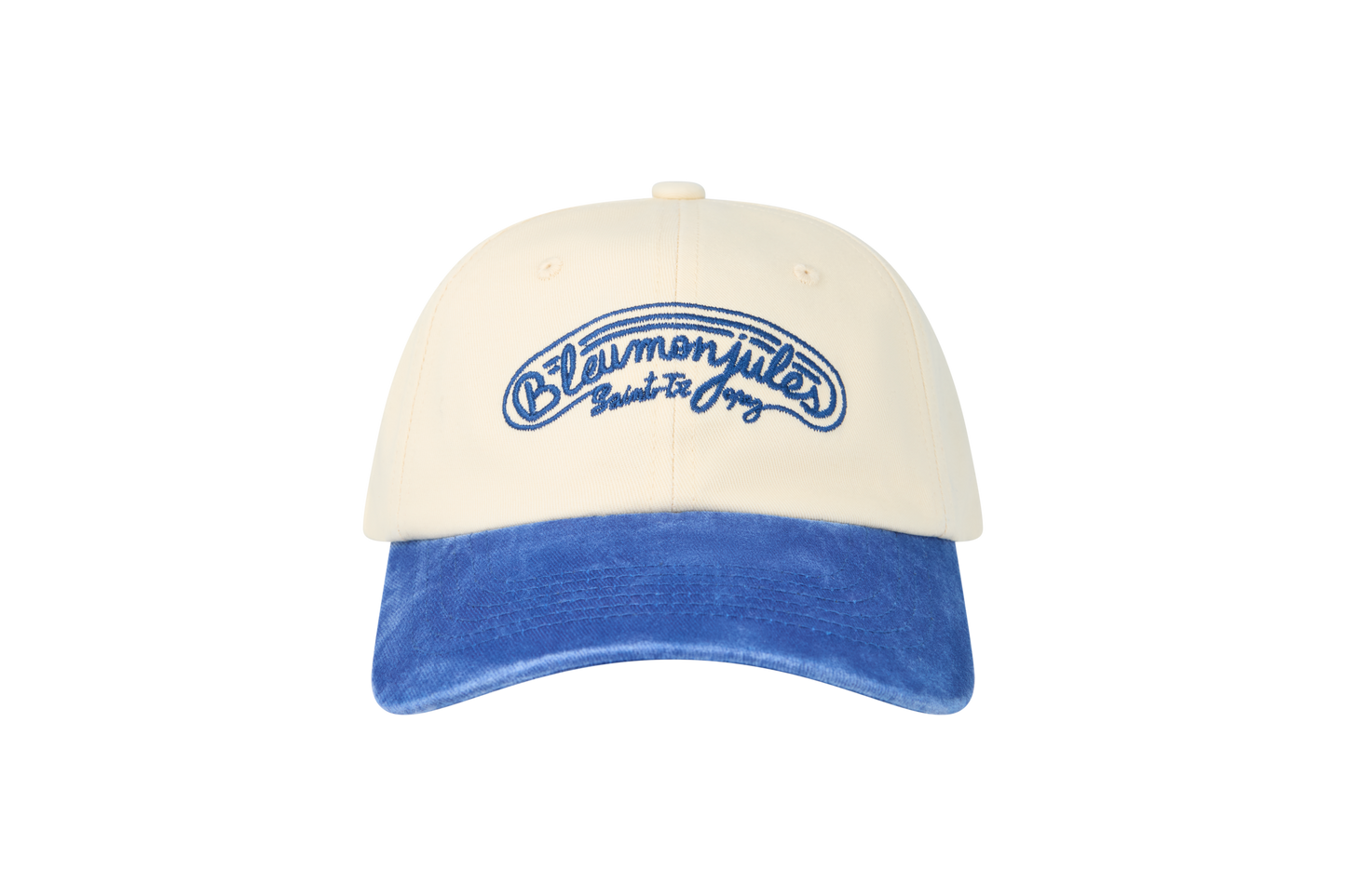 Casquette bicolore écru et bleu marine Bleu mon Jules, broderie script cursif Saint-Tropez, vue de face