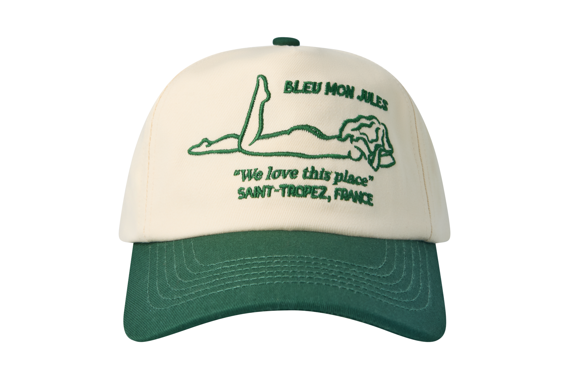 Casquette baseball écru et vert Bleu mon Jules, broderie silhouette allongée We Love This Place Saint-Tropez
