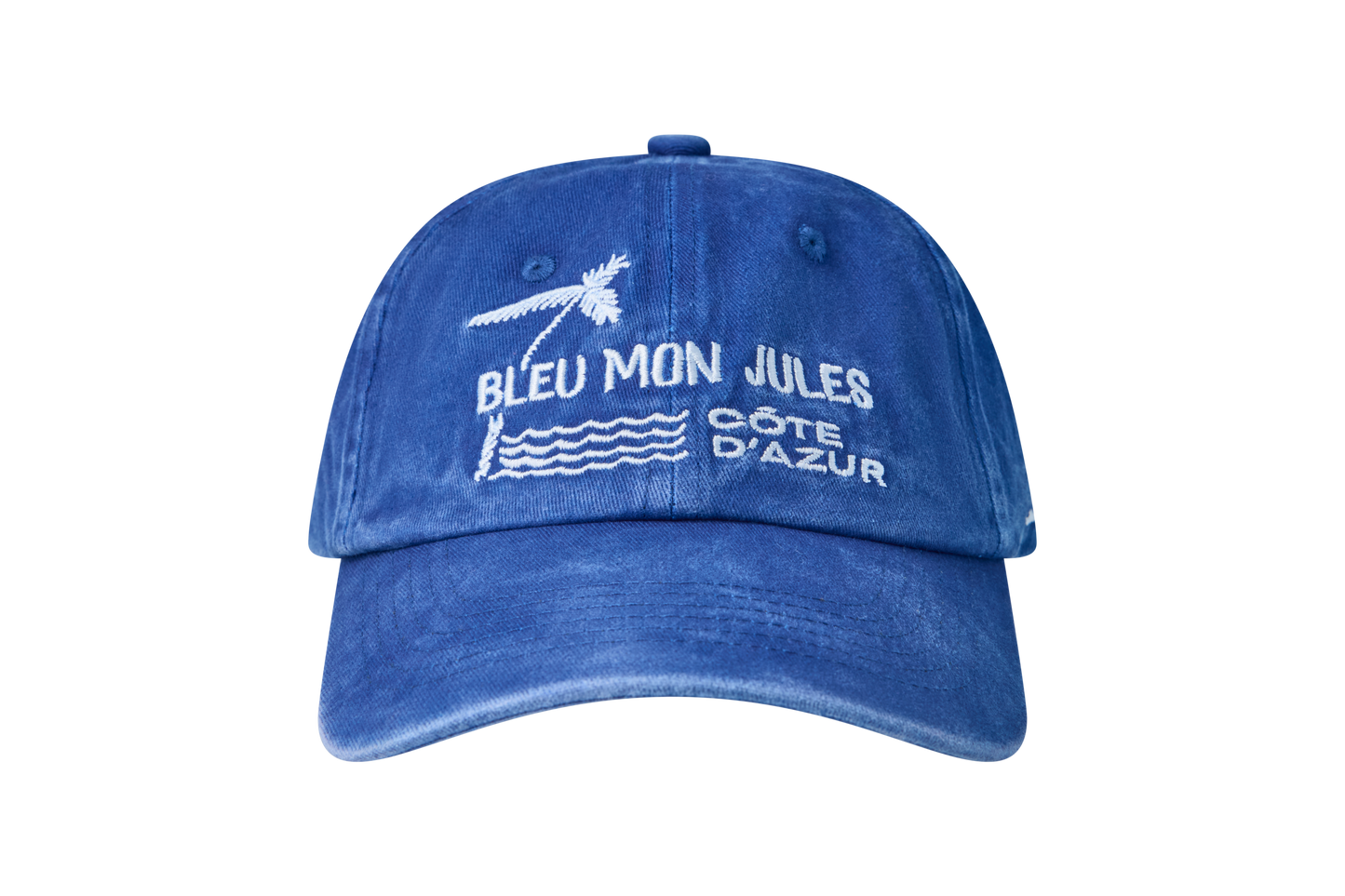 Casquette bleu navy Bleu mon Jules, broderie palmier et Côte d'Azur blanche, vue de face