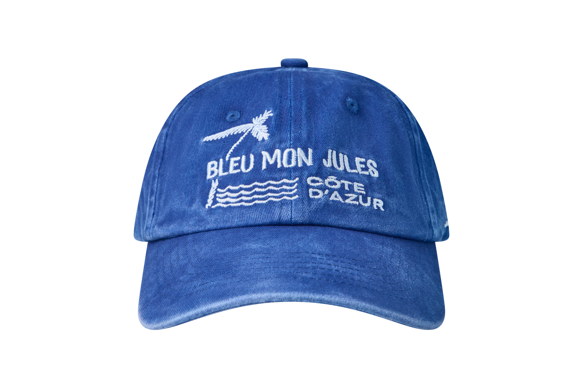 Casquette bleu navy Bleu mon Jules, broderie palmier et Côte d'Azur blanche, vue de face