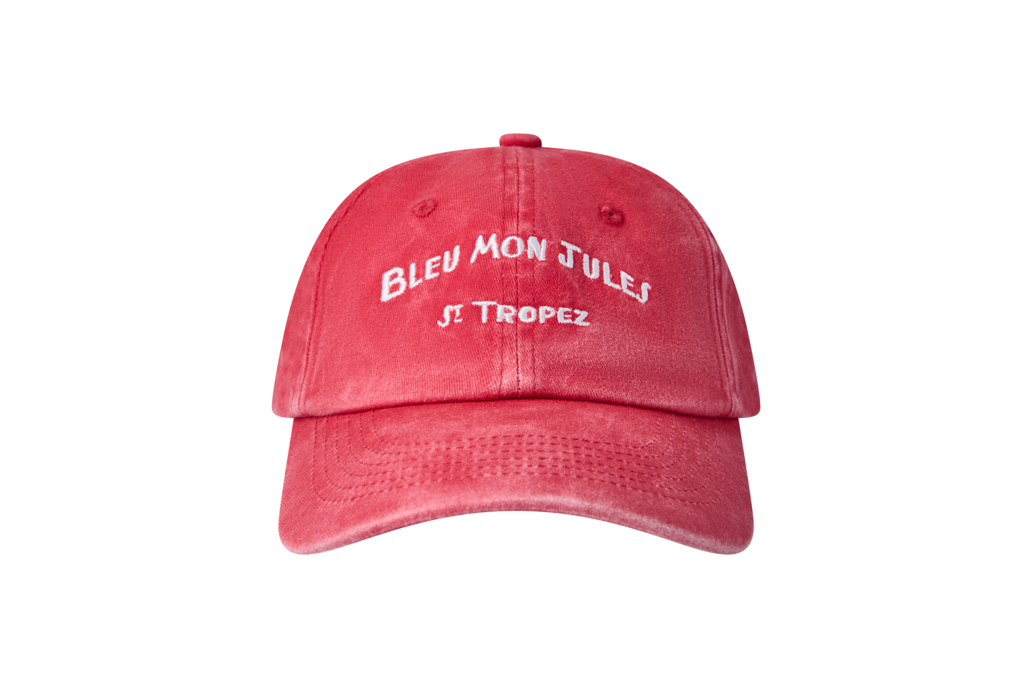 Casquette rouge délavé Bleu mon Jules, broderie Saint-Tropez blanche, vue de face