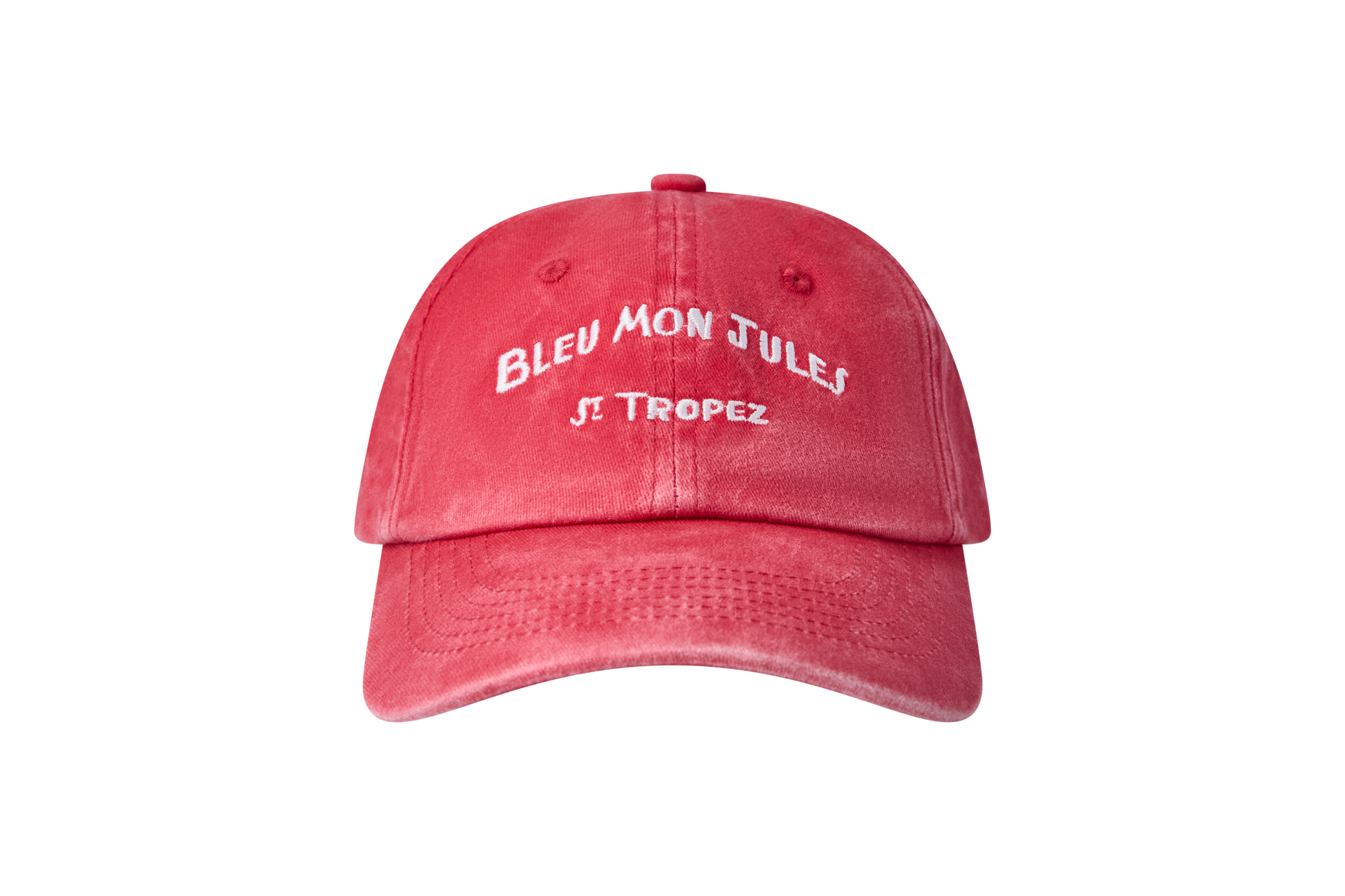 Casquette rouge délavé Bleu mon Jules, broderie Saint-Tropez blanche, vue de face
