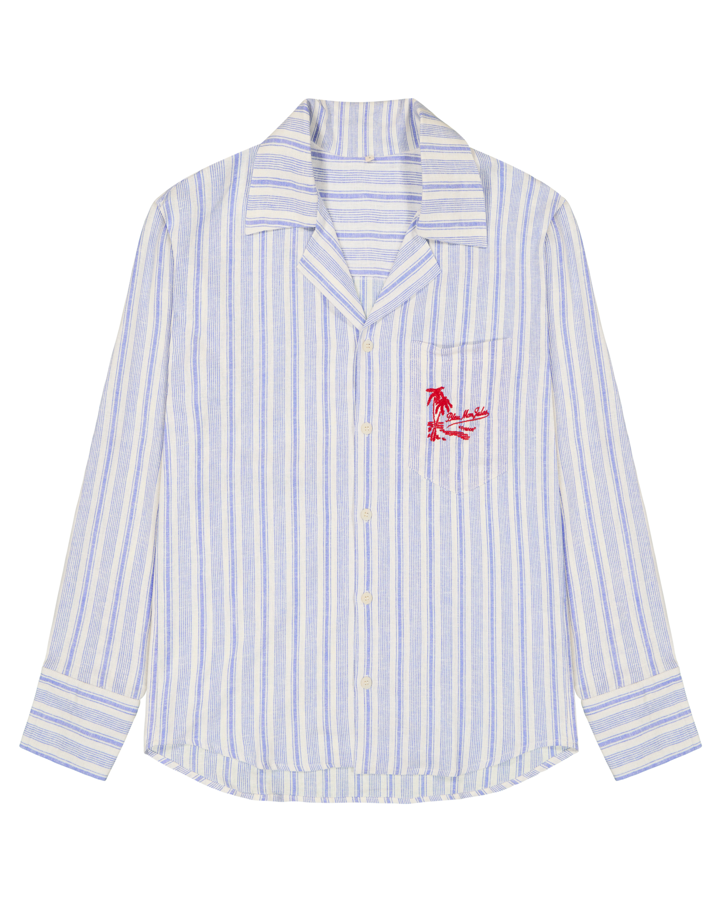 Chemise lin rayé bleu et blanc Bleu mon Jules, col ouvert, poche brodée, vue de face