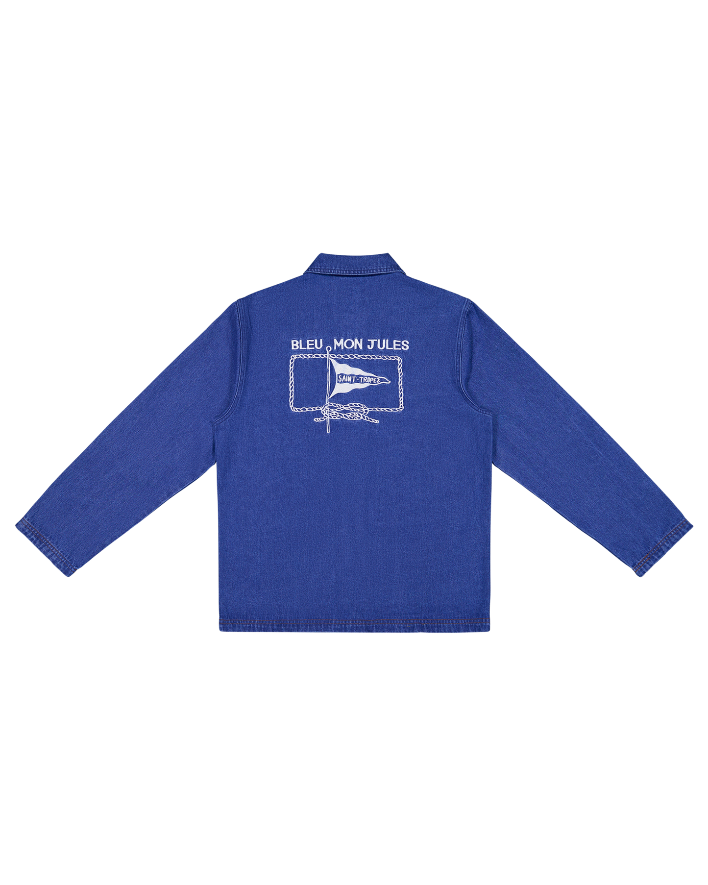 Veste en denim bleu avec inscription Bleu mon Jules et logo nautique, coupe classique intemporelle