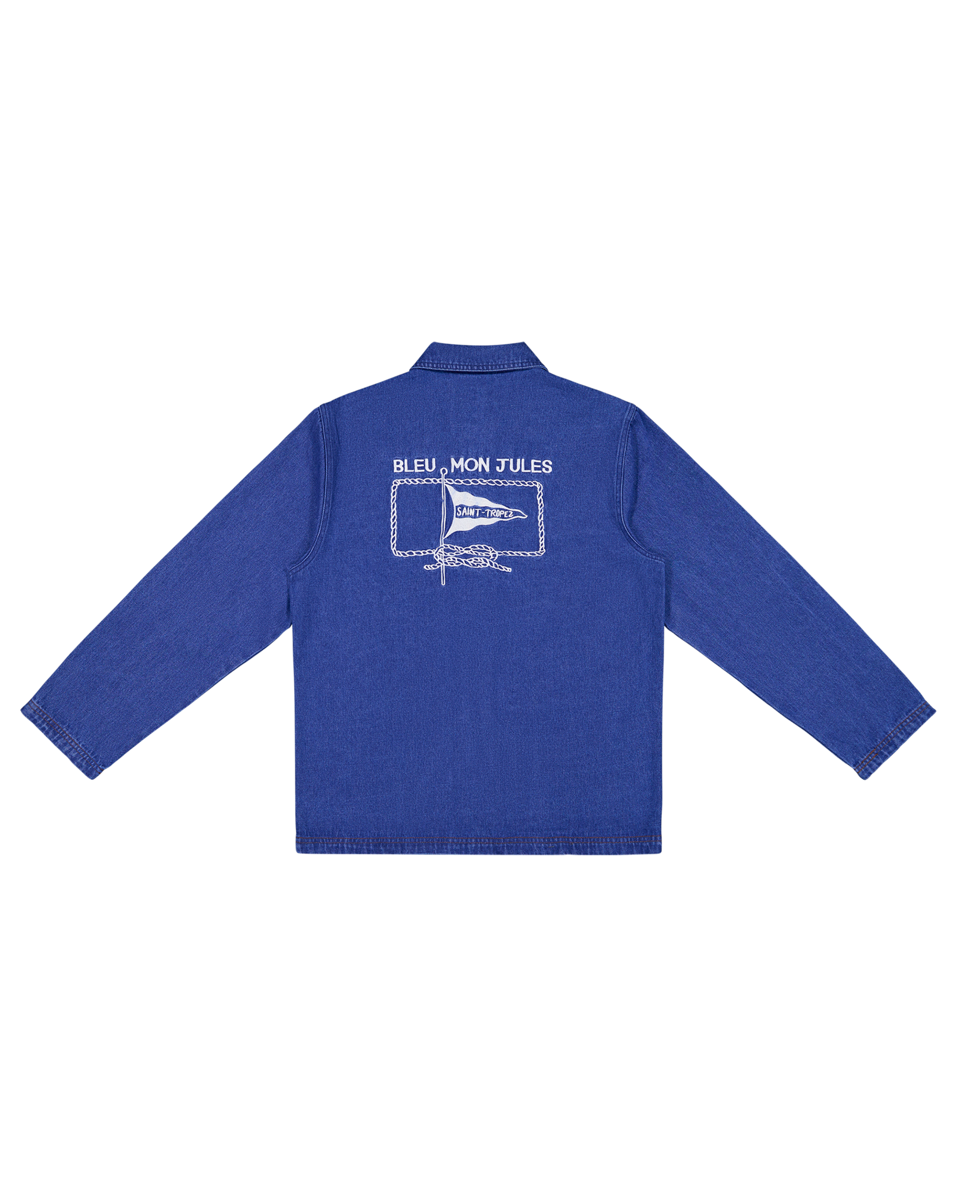 Veste en denim bleu avec inscription Bleu mon Jules et logo nautique, coupe classique intemporelle