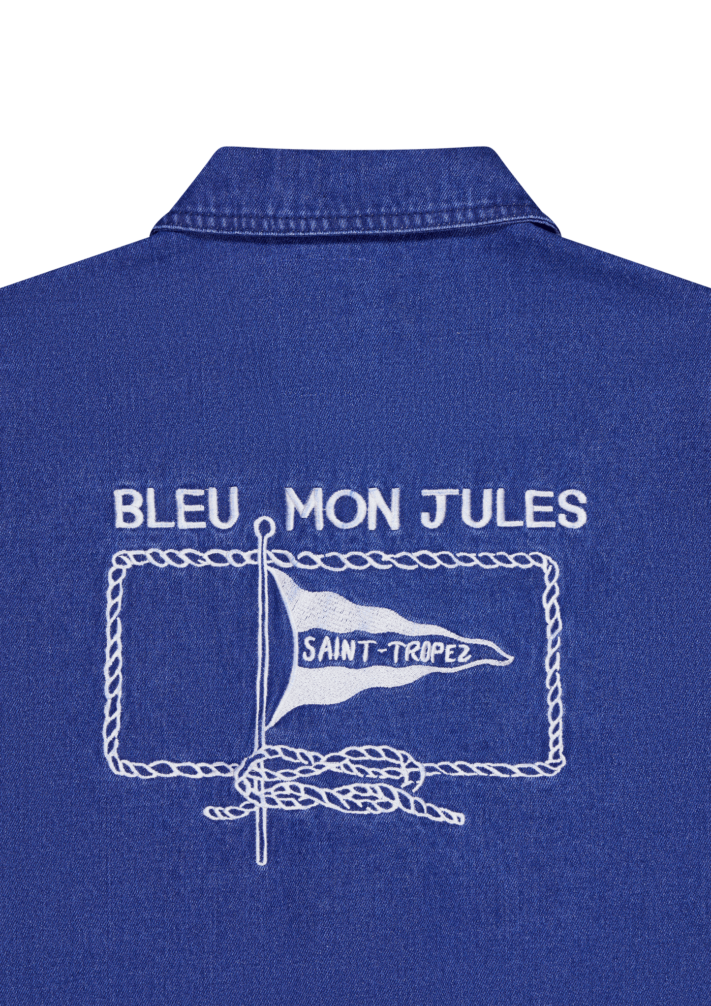 Veste denim bleu Bleu Mon Jules Saint-Tropez avec broderie voile nautique et détails cordes marines