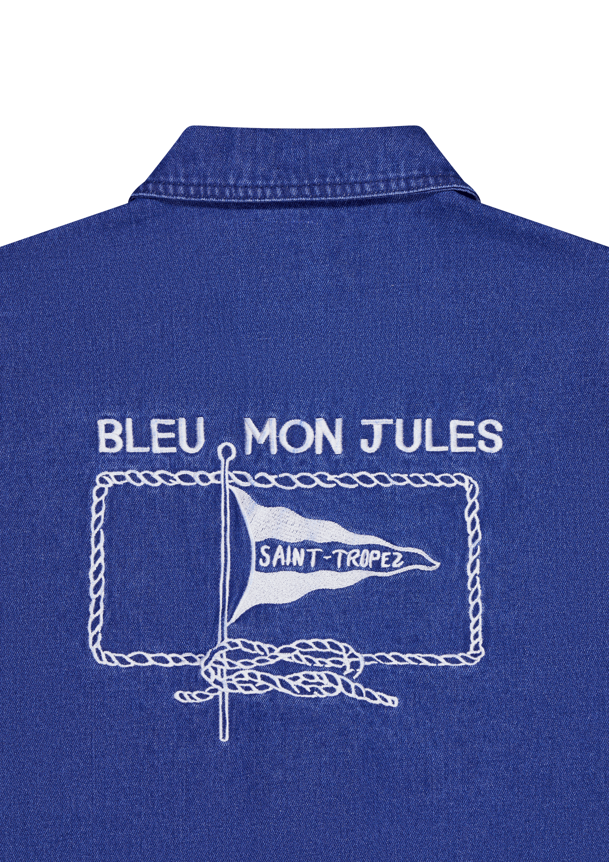Veste denim bleu Bleu Mon Jules Saint-Tropez avec broderie voile nautique et détails cordes marines