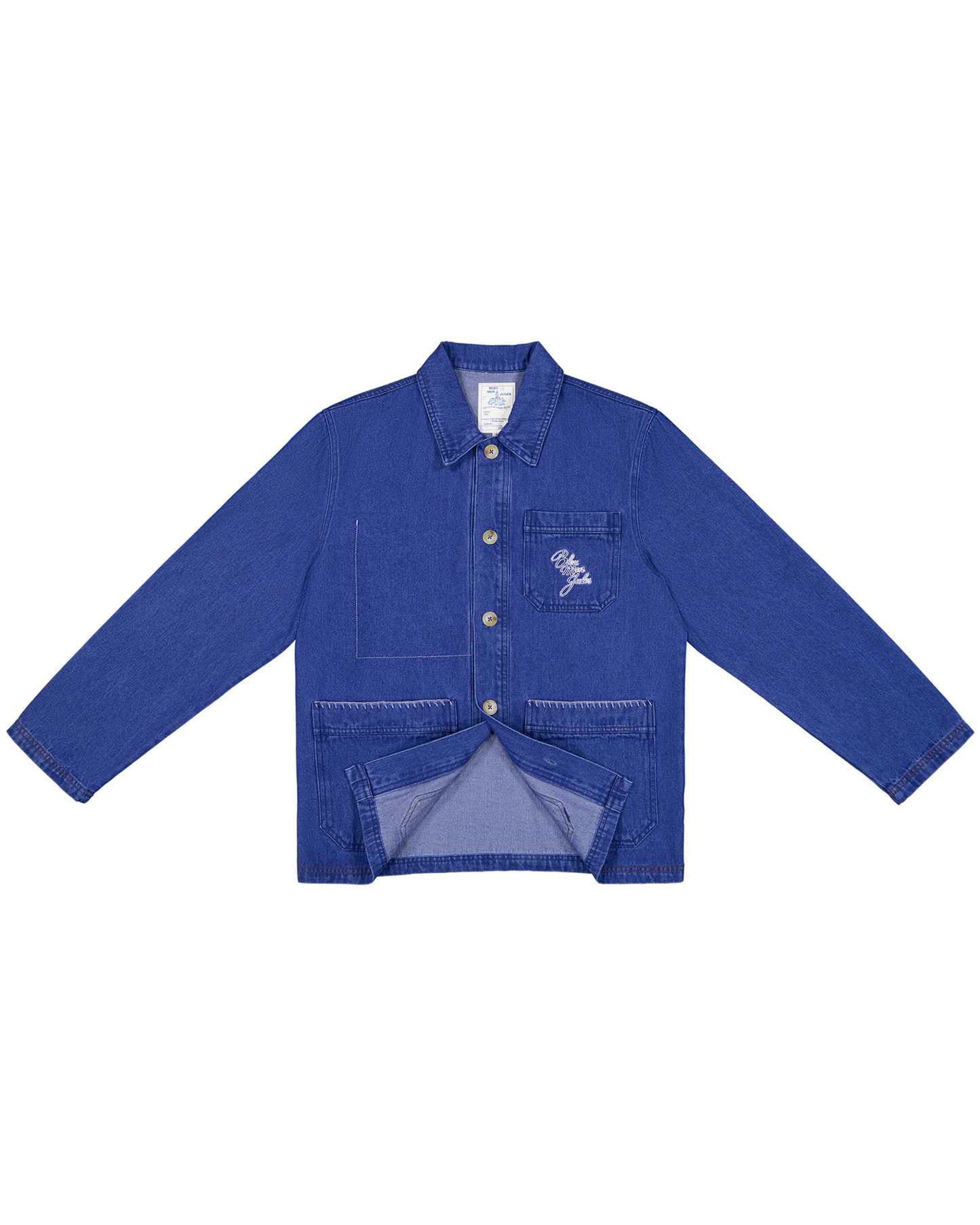Veste en denim bleu indigo avec poches plaquées, col chemise et boutons apparents, coupe oversize décontractée