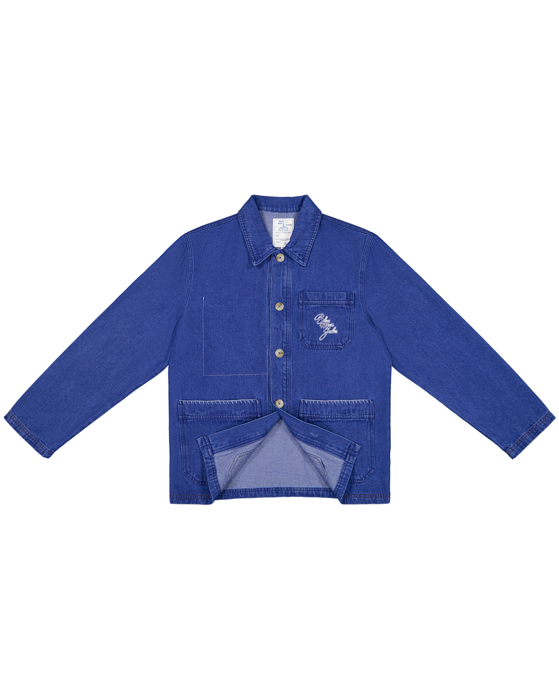 Veste en denim bleu indigo avec poches plaquées, col chemise et boutons apparents, coupe oversize décontractée