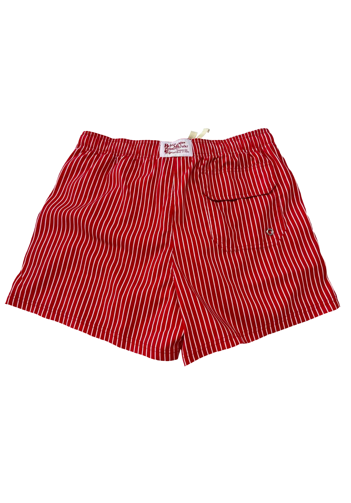 Dos maillot de bain Bleu mon Jules Soleil Rouge rayé rouge et blanc, poche arrière à rabat et étiquette tissée St-Tropez